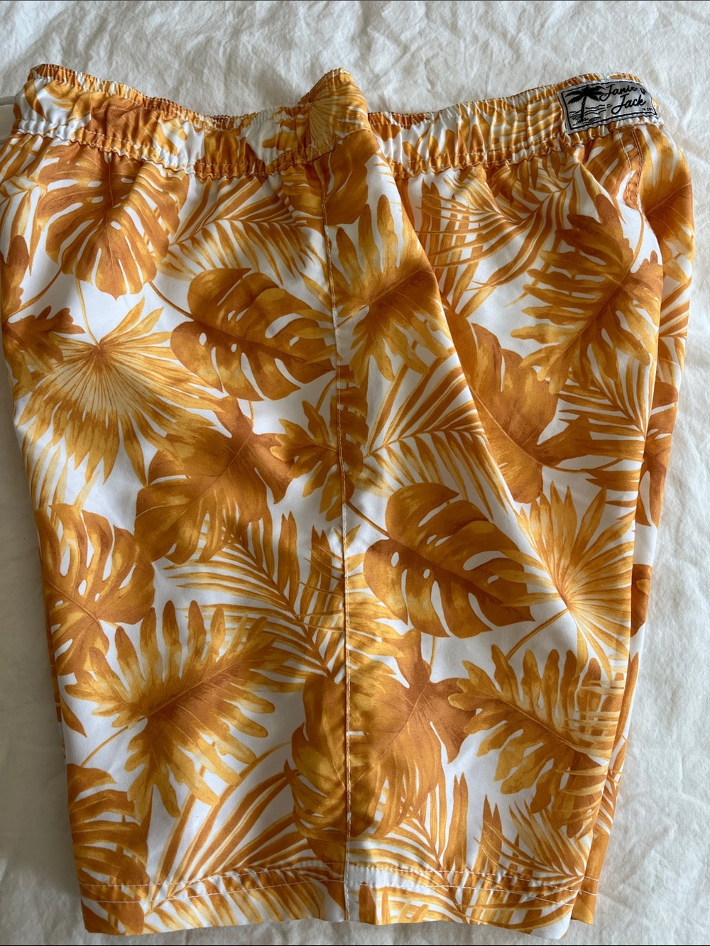 Janie and Jack White and Gold Tropical Print Men's Swim Shorts